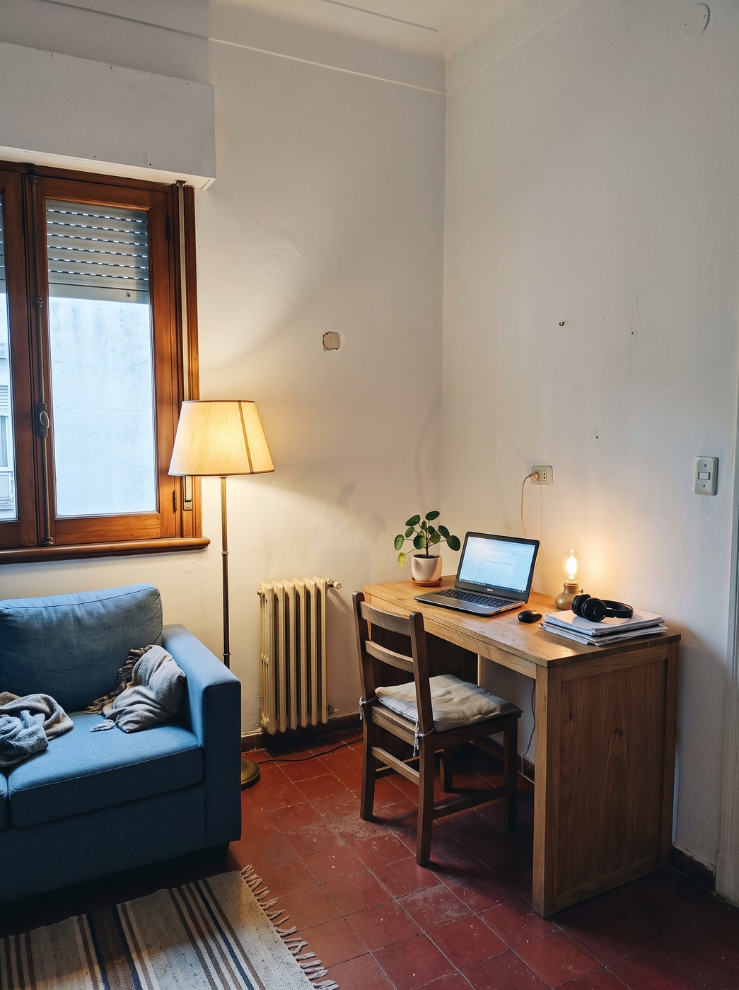Escritorio de roble macizo en un rincón del living, entre el sofá y la pared, con laptop, lámpara y silla de madera.