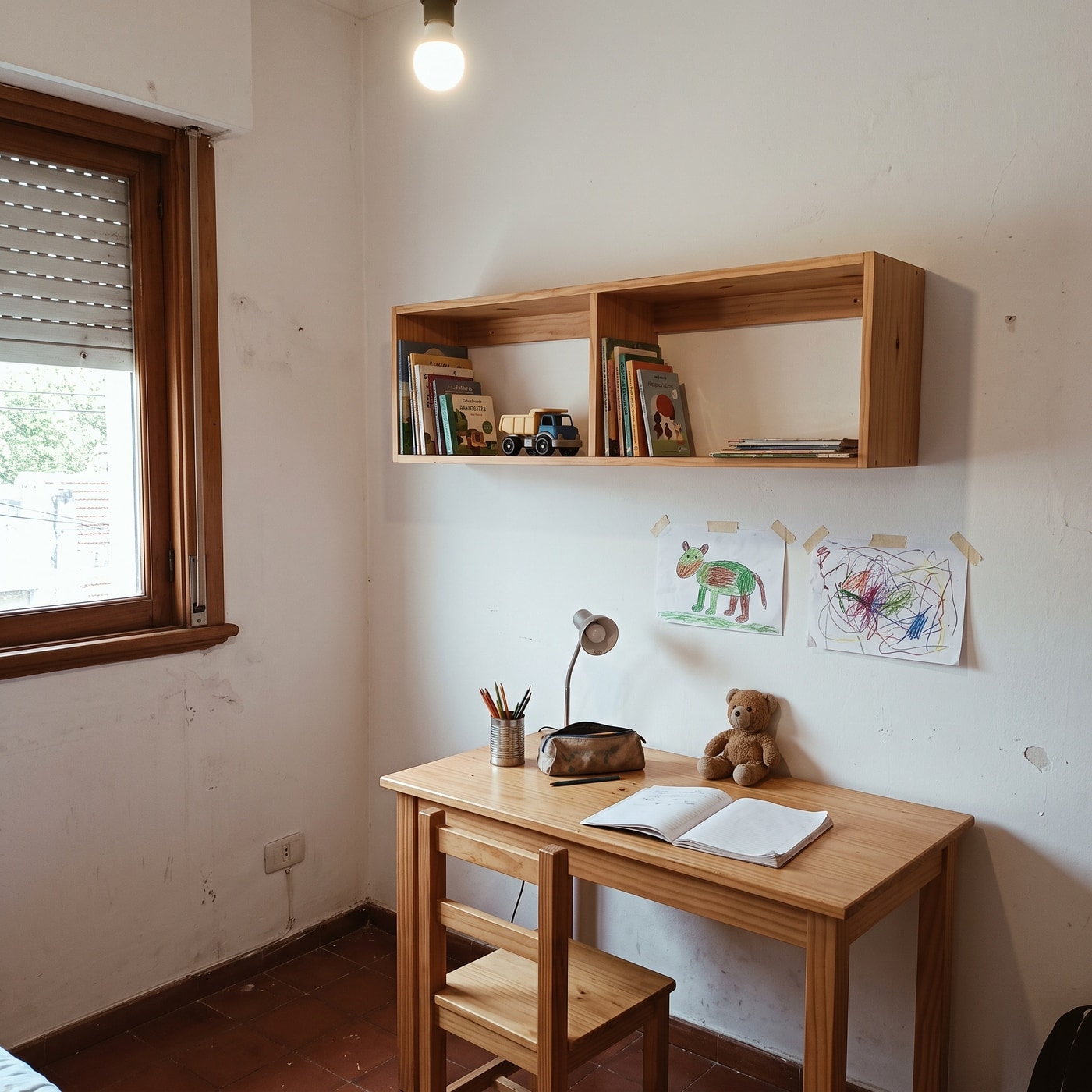 Escritorio infantil de pino natural con estante a juego en la pared, cuaderno abierto y lápices, en un cuarto de niños.