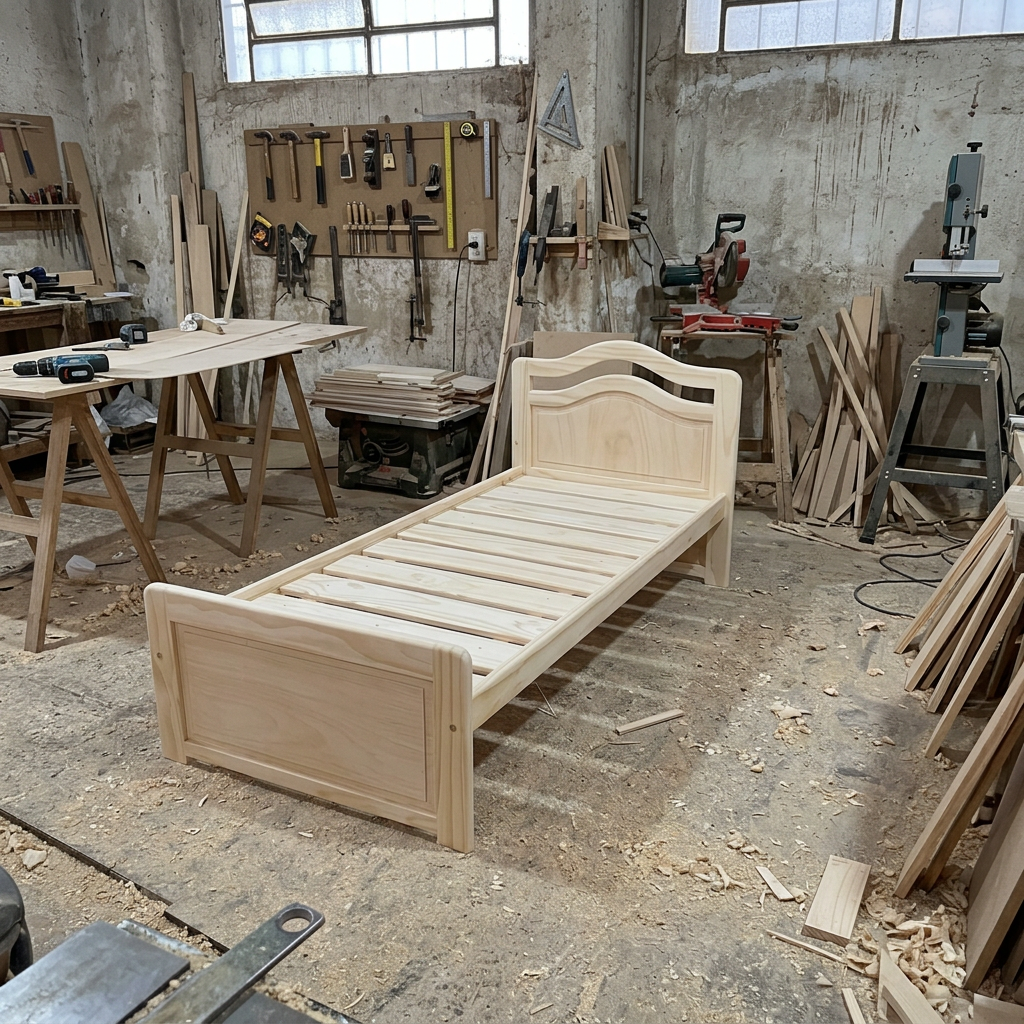 Camas de madera maciza recién construidas en nuestro taller de carpintería en Montevideo