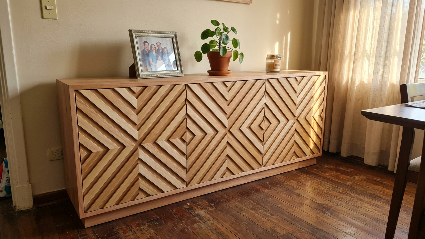 Aparador de madera con diseño geométrico en living comedor