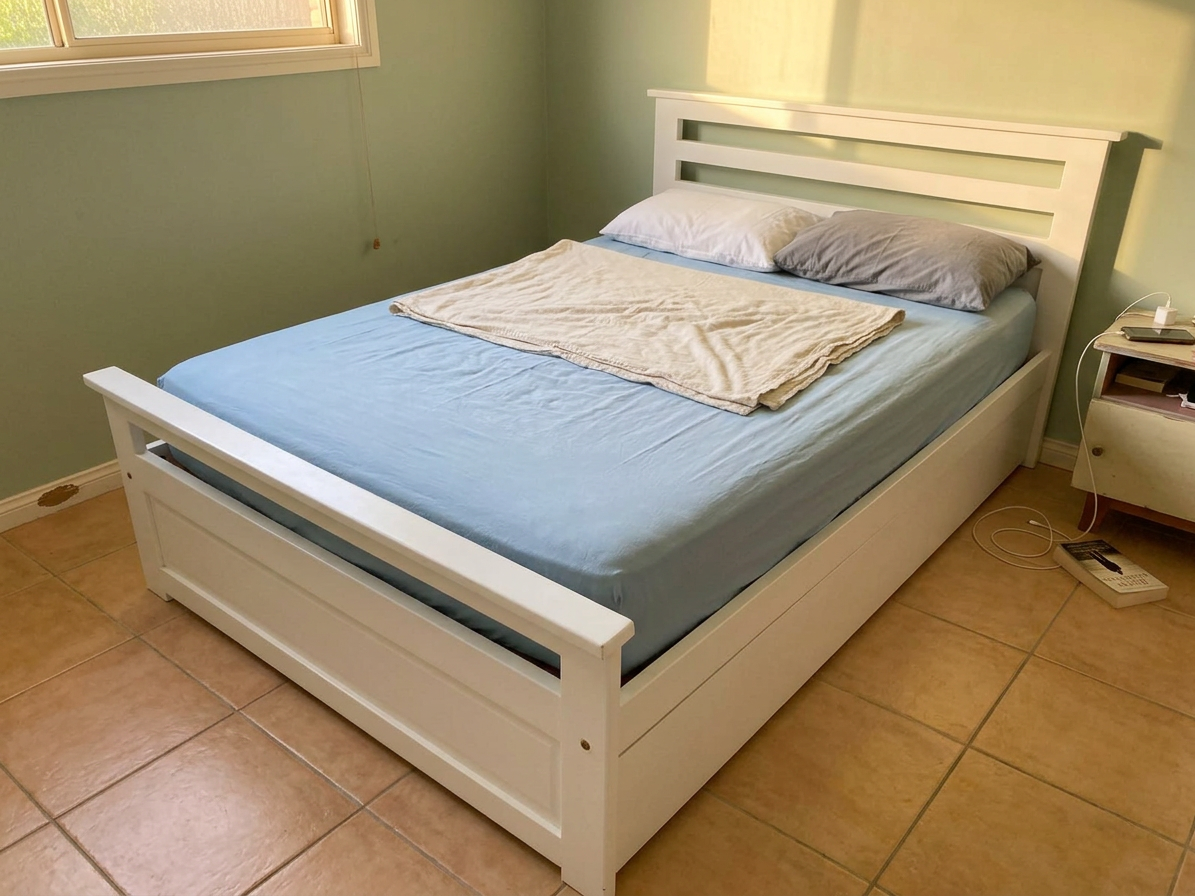Cama de madera maciza teñida en dormitorio