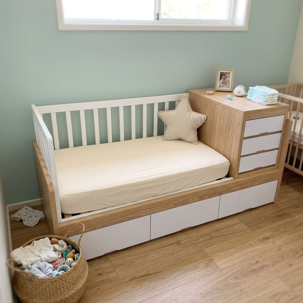 Cuna funcional de madera con cajonera en habitación de bebé