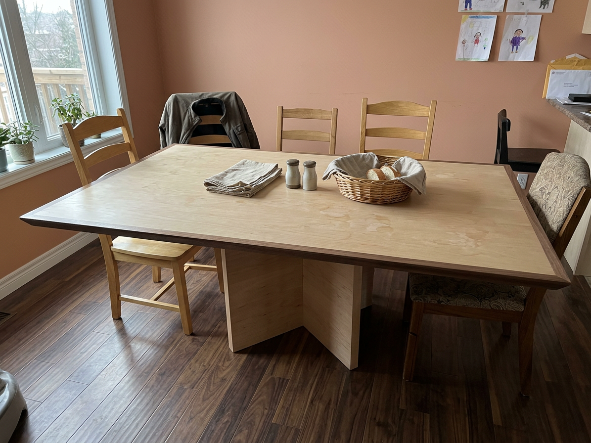 Mesa de comedor de madera maciza en un comedor familiar en Montevideo