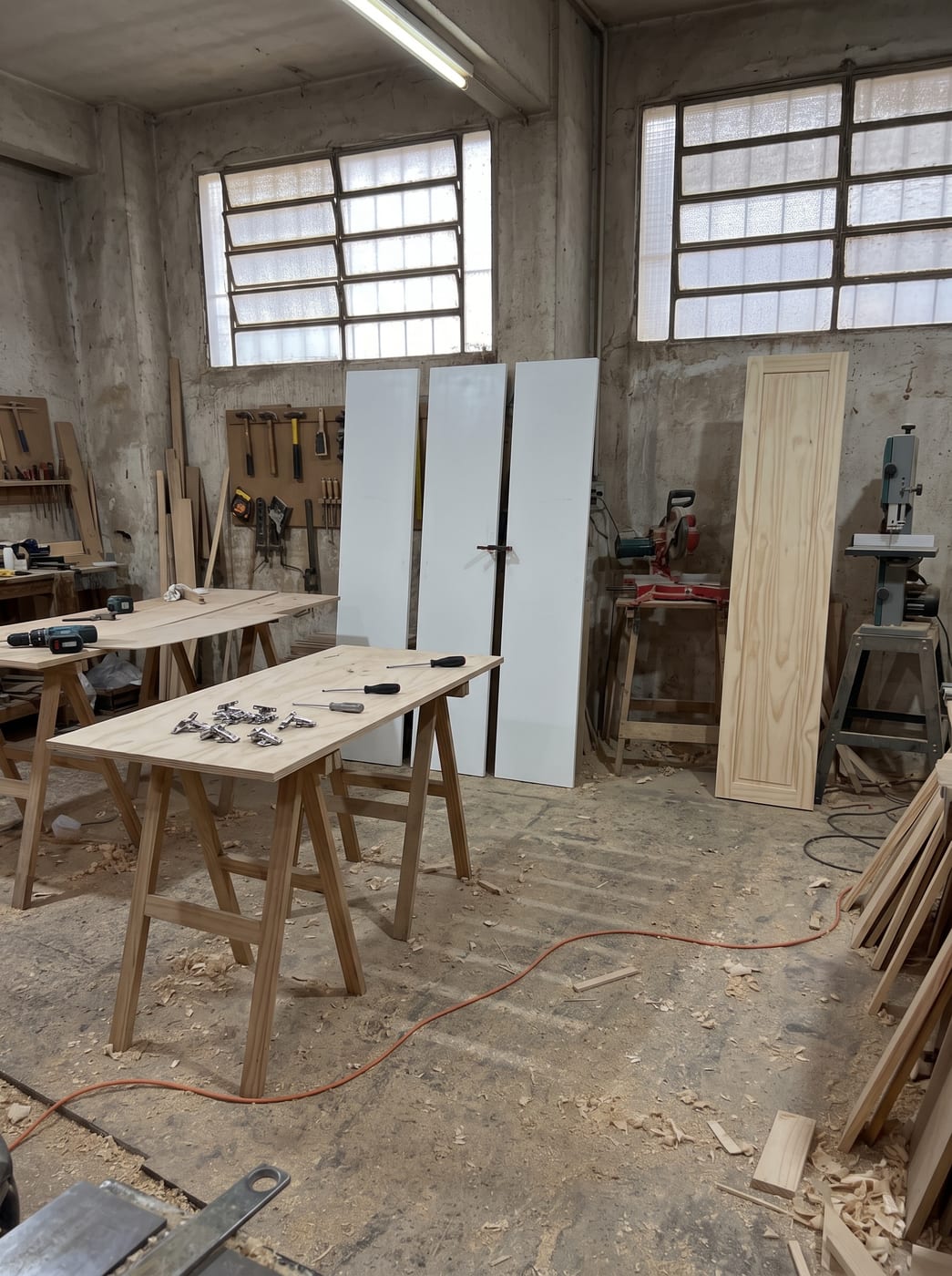 Puertas de placard lisas recién laqueadas en blanco secando apoyadas en la pared del taller, junto a una puerta de pino sin terminar.